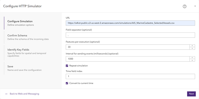 Feed connection parameters for the HTTP Simulator feed type