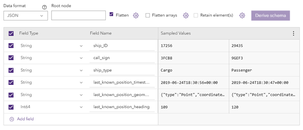 Resulting Confirm Schema page from flattened JSON with geometry field exempted from flattening